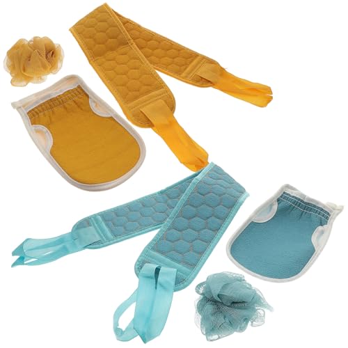 TEHAUX Juego de 2 Kits de Toallas Exfoliantes para Ducha Toalla Larga de Baño y Balones de Ducha Espalda Colores Flor Azul y Amarillo Jengibre para Limpieza Corporal y Exfoliación