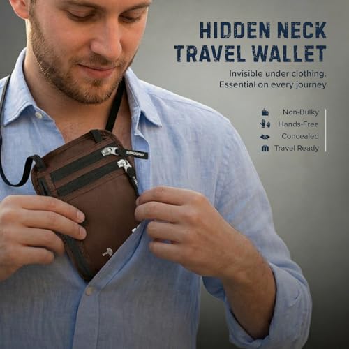 Image of Neck Wallet for Travel & Passport Holder with RFID Blocking - Slim & Easy to Conceal Nylon Travel Pouch for men & women - Holds Phone, Cash, Cards, Keys - Sweat & Water Resistant - Large - Brown