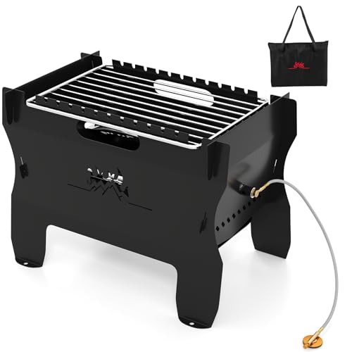 KOMFOTTEU Barbacoa Portátil 2 en 1, Parrilla de Camping a Carbón, Gas, Leña y Pellets, Mini Barbacoa de Acero Inoxidable con Bolsa de Transporte, para Picnic, Fiesta, Jardín