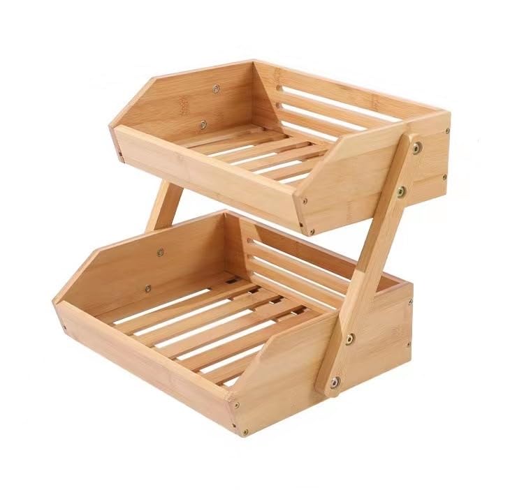 LANDTOM Multifunctional Bamboo Storage Rack Multi-Layer Snack Bread Fruit Vegetable Desktop Basket (2-tier)
