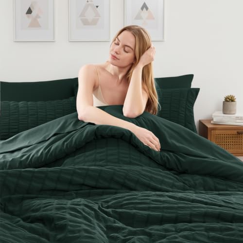 Image of HIMEET Full Size Comforter Sets - 7 Pieces Seersucker Bed in a Bag, Boho Bedding Sets for Bedroom Decor, All Season Home Essential Bed Set with Comforter, Sheets, Pillowcases & Shams, Forest Green
