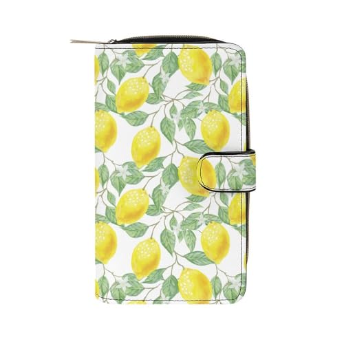 Green Leaf Yellow Lemon Pattern Leather Wallets Large Capacity Zipper Pocket Card Holder with ID Window, 19.7x11x3.5cm