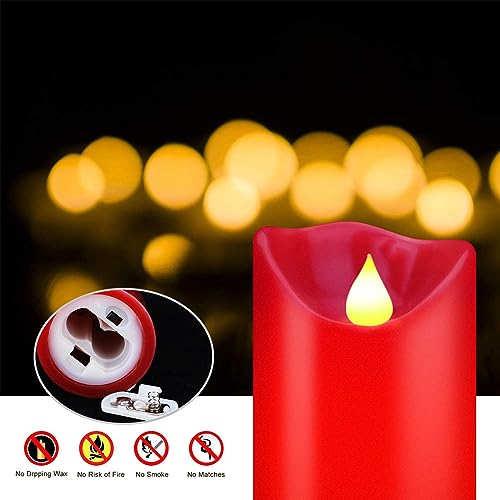 Image of YIWER Flameless Candles Set of 3, Φ3.15 xH 4 inch /5 inch /6 inch Real Wax Not Plastic Pillars Include Realistic Dancing LED Flames and 10-Key Remote Control with 2 /4 /6 /8-hours Timer Function,300+ Hours (3x1, Red)