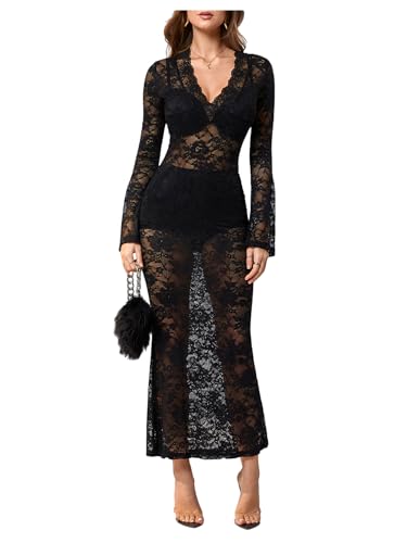 SHENHE Women's Lace Mesh Long Dress Cocktail Sheer Sexy Floral Long Sleeve Bodycon Dresses Black Medium