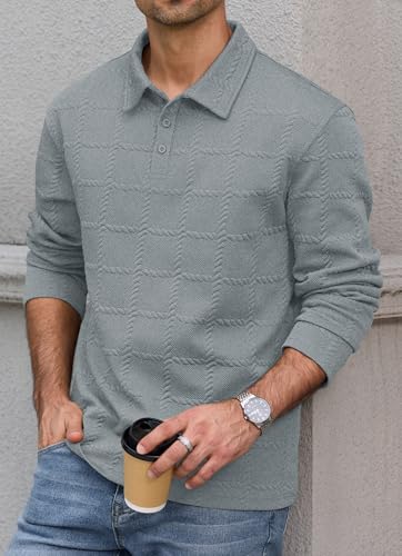 VOGSTART Polo texturizada para hombre con manga larga y botones, talla S-XXL miniatura 3