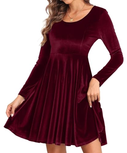 Joligiao Vestido Noche de Terciopelo Vestidos Fiesta para Mujer Elegante Vestidos de Cóctel de Manga Larga Elegante Vestido de Navidad Vestido de Fiesta Cóctel Minivestido(Rojo Vino,L)