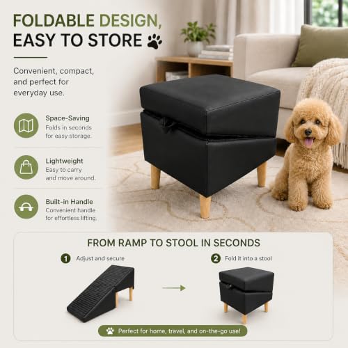 Image of 2-in-1 Foldable Ottoman Dog Ramp for Couch,Convertible Folding Dog Stairs for Couch and Bed,Non-Slip Wooden Pet Stairs for Puppy Senior Injured Dogs(Black)