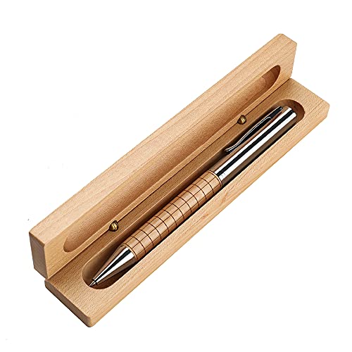 Wooden Ballpoint Pen Gift Set With Wooden Box For Stand Display Midpoint Stripe Design Black Ink Executive Business Office School Engineer Professional Pen-Kailong (Style-3) #TOP26