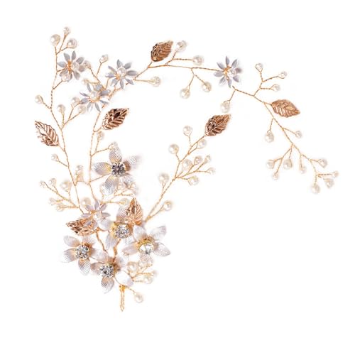 Doyime ヘッドドレス ウェディング 花嫁 ブライダル 髪飾り パール ライン ストーン ゴールドリーフ 手作り 和風 髪留め ヘアアクセサリー お呼ばれ 結婚式披露宴 二次会 和装 パーティー 演奏会 卒業式 成人式 入学式 発表会