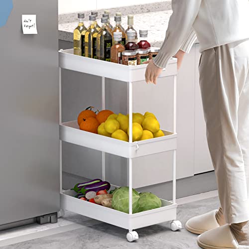 Image of SPACELEAD 3 Tier Rolling Cart with Wheels, Storage Craft Art Trolley Organizer Serving, 3 Hanging Baskets Easy Assembly, for Office, Bathroom,Living Room, Kitchen, White