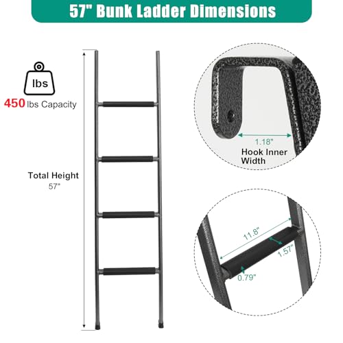 Image of Anti-Slip RV Bunk Ladder, 57in Integrated Heavy Duty Steel, Black | Camper Bunk Bed Ladder with Anti-Slip Rubber Foot Pads and Hooks