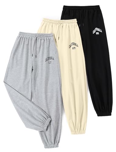 EXARUS Girls Sweatpants 3 Pack Sweat Pants Kids with Pockets Drawstring Baggy High Waisted Preppy Cute Joggers Youth 10Y
