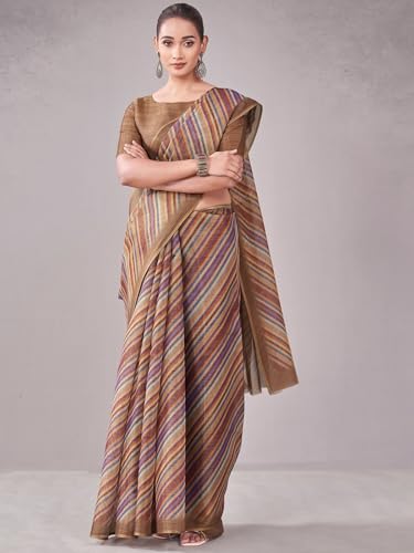 Image of Satrani Women's Shimmer Silk Printed Saree with Unstitched Blouse Piece