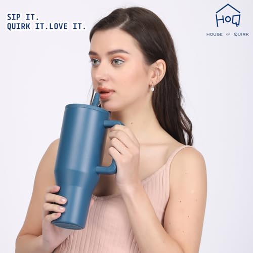 Image of House of Quirk 1200ML Tumbler with Handle & Simple Flip Straw - Car Cup Holder Friendly, Leak Resistant Stainless Steel Water Bottle with Rubber Base (Shadow Blue)