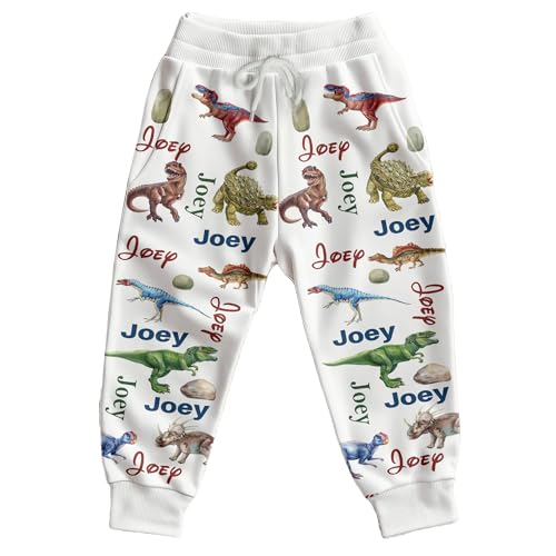 Macorner Personalized Sweatpants, Cartoon Print Dinosaur Cotton Pants Drawstring Elastic, Pants for Toddler Baby Boy Clothes
