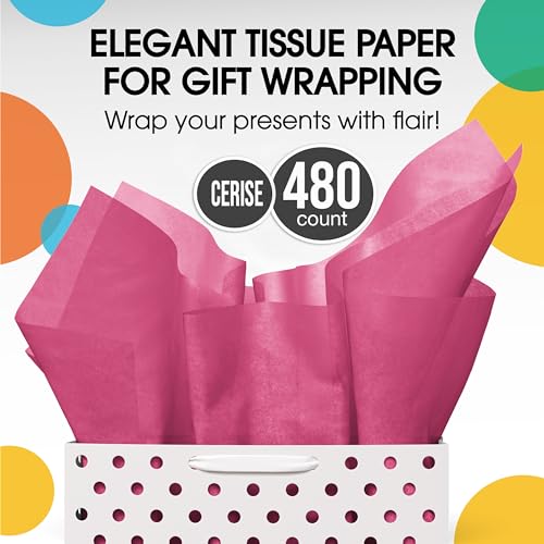 Image of Party Solids Hot Pink Tissue Paper for Gift Bags - 15 inch X 20 inch Bulk Tissue Paper Hot Pink 480 Sheets 17 GSM - 10lb Newsprint for Packing, Birthday Gift Box Filler, Packing Supplies & Moving Supplies