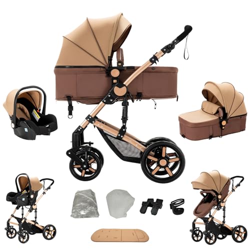 Veitoalioy Carrito Bebe 3 en 1, Portátil Cochecito Plegable, Carrito de Paisaje Alto Se puede empujar hacia adelante y hacia atrás, Cochecito de Bebé Conveniente y Multifuncional (588 Khaki)