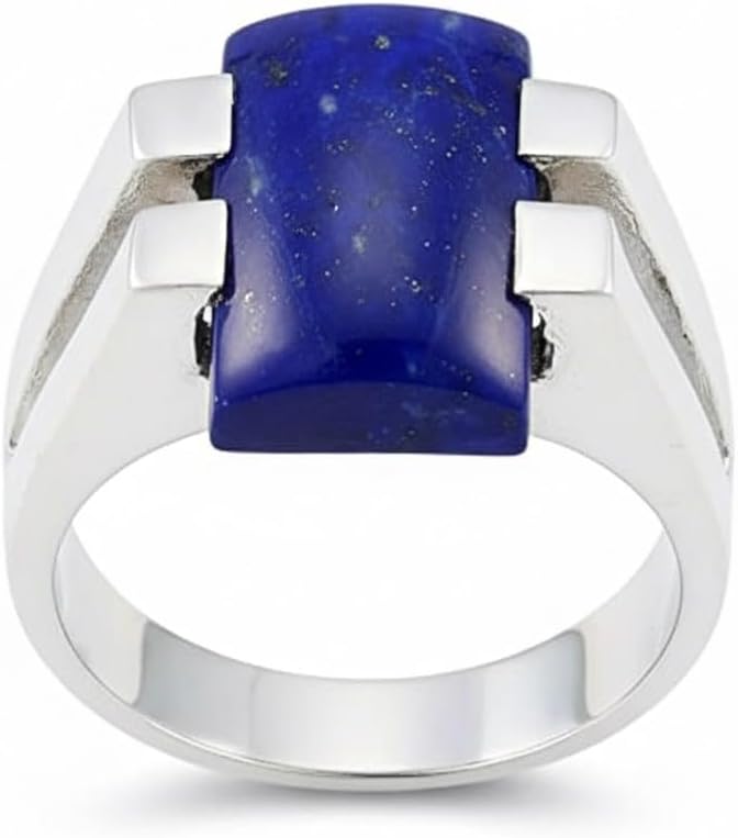 Natural Lapis Lazuli Men Ring Silver Rectangle Shape Blue Stone Handamde Size 5,6,7,8,9,10,11,12