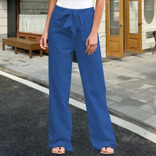 Linen Pants Women Summer Cotton Linen Lounge Pants Casual Strappy Elastic Plus Size Tie Front Trousers with Pockets2