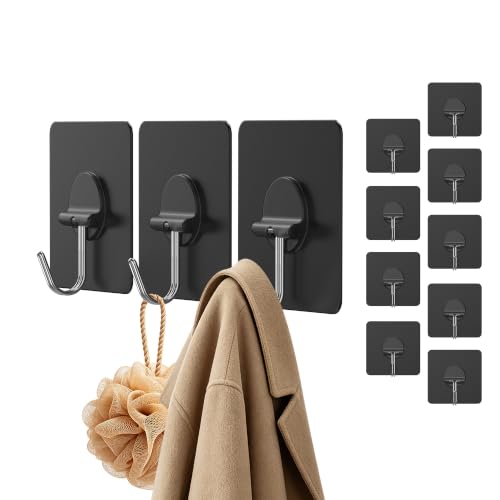 Image of Adhesive Wall Hooks No Drill Black Heavy Duty, 13LB Sticky 12 Pack | Waterproof Black Sticky Hooks for Hanging, 13 lbs Max Load No Damage,Ideal for Towel,Coat,Bathroom,Kitchen,Home