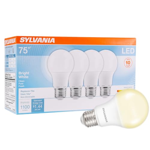 Sylvania LED A19 Light Bulb 75W Equivalent Efficient 12W Frosted Finish 1100 Lumens Bright White - 4 Pack (78099)