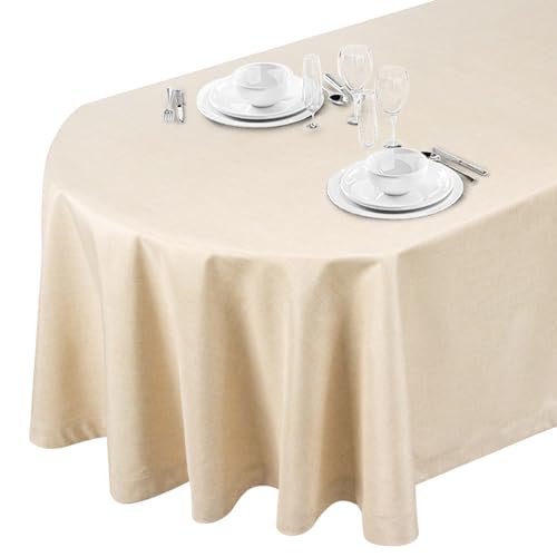 LLCUTESHOP Mantel de Mesa Ovalado Texturizado Beige 155 x 215cm, Mantel para Mesa Libre de Arrugas, Elegante Cubierta de Mesa de Lino Beige Color Sólido, Diseño Calado, Hecho a Mano de Primera Calidad