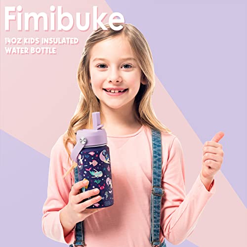 Fimibuke Kids Insulated Water Bottle - 14Oz Bpa-Free Double Wall Vacuum Tumbler 18/8 Stainless Steel Leak Proof Kids Cups With Straw Metal Water Bottle For School Boy Girl (2 Pack, Rainbow+Mermaid) #TOP6