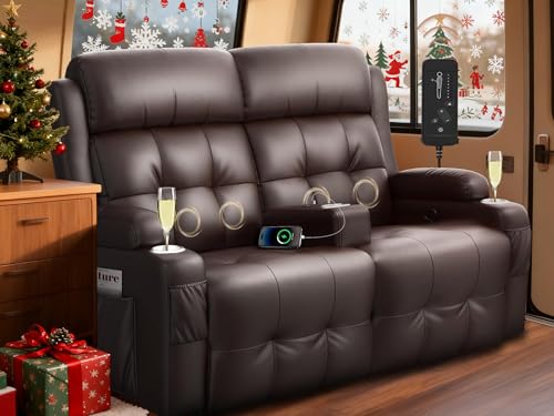 RV Loveseat Recliner Sofa, Massage Wall Hugger Couch with USB, Insert Pockets, Cup Holders, Reclining Couches, 150° Recline Sleeper Sofa & Removable Armrest for RV Furniture & Home Theater Seating