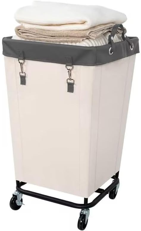 FLYBOX Laundry Hamper with Heavy Duty Steel Frame, 160 L Industrial Laundry Basket Cart with Wheels for Hotel, Home, Laundry Room, 17.72''L x 17.72''W x 30.91''H, Medium Grey Leather