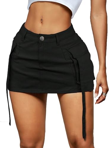 Women Cargo Skirt Denim Mini Low Waist Y2K Jean Skirt with Pockets(BK,M)