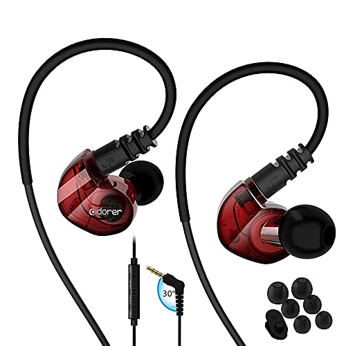 running Sports earbud Headphones Wired Over Ear In Ear Headsets Noise Isolation waterproof Earbuds Enhanced Bass Stereo Earphones with Microphone and Remote for Running Jogging Gym (red)
