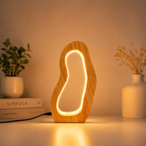 Image of THE GRANDEUR Modern Wooden LED Night Lamp for Bedroom - Decorative Table Lamp for Living Room, Bedside & Home Decor - Warm Ambient Light Wooden Lamp (12x6 inch)