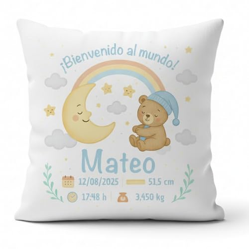Cojin nacimiento personalizado con nombre | Cojin personalizado bebe ideal como regalo bebe recien nacido | Cojin personalizado con diseño único y tierno (Azul)