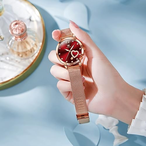 Elegant Rose Gold Women's Watch with Red Dial and Diamond Accent – Stylish Mesh Bracelet for Slim Wrists, Waterproof Analog Timepiece - Image 4