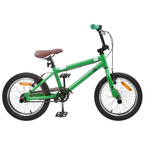 Runheo Bicicleta BMX de 18 pulgadas verde para niños con marco de acero y manillar ajustable, sillín para 7-10 años, adecuada para exteriores, carretera y terreno