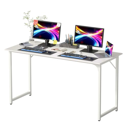Image of PayLessHere | 55 Inch Computer Desk | White | Office Desk with Metal Frame, Adjustable Feet | Water-Resistant, Scratchproof Surface | Sturdy Writing Table for Home Office or Study | Pack of 1