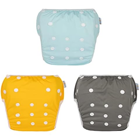 Babygoal Neutral Swim Diapers 3 Pack for 8M-3T Babies and Toddlers, Reusable Adjustable Washable for Baby Girl and Boy Swimming Lessons-Blue,Yellow,Grey Cover
