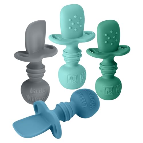 Image of LittleWhispers Baby Silicone Spoons - Self Feeding 6 Months - Infant, Toddler, & Kid Friendly Utensils - First Stage, Baby Led Weaning - 4 Pack Utensil Set (Soft Blues)