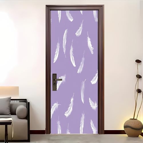 Imprimé Plumes Blanches 3D Porte Photo Stickers, Amovible éTanche PVC Auto-adhésif Autocollants Porte, Violet Porte Muraux Auto-adhésif Stickers pour...