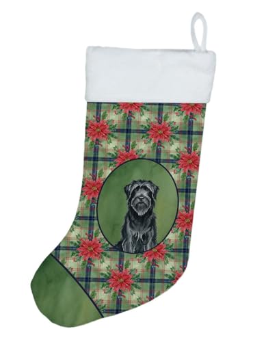 Caroline's Treasures Black Briard Christmas Poinsettas Holiday Stocking Double-Sided Print, Polyester Suede,11x18, Made in USA