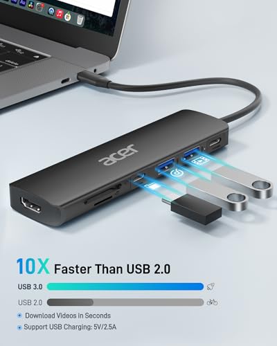 Image of Acer USB C Hub, 7 in 1 USB-C to HDMI Dock, 2 USBA 3.1 GEN1 and 5Gbps Type-C Data Port, 4K HDMI Port, PD 100W Charging, SD Card Reader, for iPad Pro MacBook Pro Laptops and More (Black)