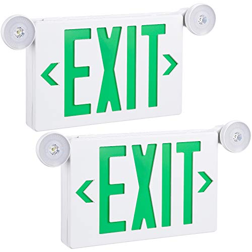 TORCHSTAR Green LED Exit Sign with Emergency Lights, UL 924, Emergency Exit Light with Battery Backup, Adjustable Heads, Fire Exit Sign with Lights, Double Face, AC 120/277V, Damp Location, Pack of 2