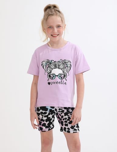 Image of mksodopy Girls Summer Clothse Graphic Print Front and Back High and Low Irregular T-shirt Cycling Shorts Set