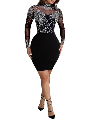 Image of Figdaw Sparkling Rhinestone Bodycon Dress for Women Special Occasions,Night Out