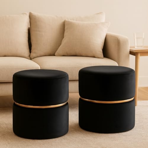 Image of Wooden Puffy Stool for Living Room Round Footstool - Ottoman Stool for Living Room Furniture Round Ottoman - Sitting Pouffe Ottoman Stool /Room Dcor /Office Stool - (Set of 2 Black)