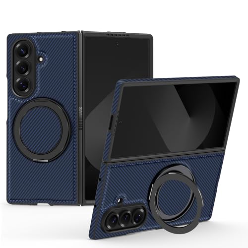 Coque Galaxy Z Fold7 Bleue avec anneau rotatif et finition fibre de carbone