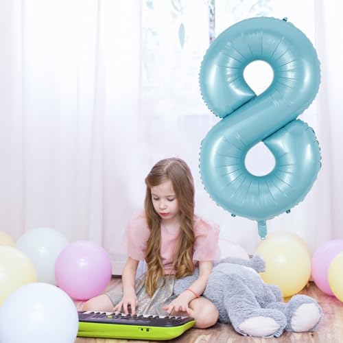 Image of 8th Birthday Number Balloons for Kids, 40 Inch Foil Number 8 Balloons Baby Pastel Blue, Helium Large Self Inflating Mylar 8 Balloons for Boys 8th Birthday Party Decor Anniversary Decoration Supplies