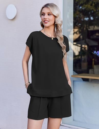 Image of Ekouaer Cotton Two Piece Sets for Women Summer Short Set Crew Neck Matching Sets Cap Sleeve Vacation Outfits With Pocket