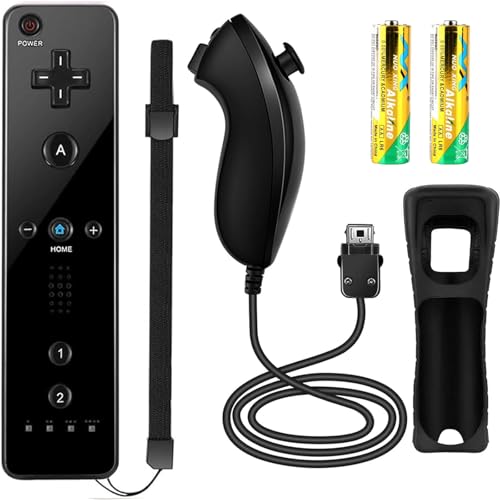 Image of Compatible with Nintendo Wii Controller, Wii Remote with Nunchuck and Nunchuck Controller with Silicone Case and Wrist Strap for Wii and Wii U, Included 2 AA Batteries (Black)