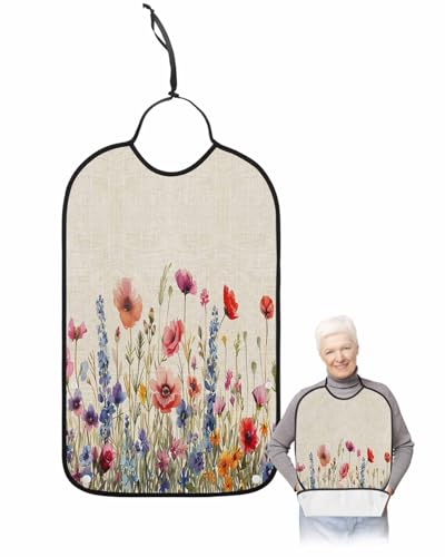 LEOKOTI Pastoral Spring Floral Adult Bibs for Eating, Waterproof Bibs with Food Catcher & Adjustable Snap Closure, Rustic Summer Flower Botanical Washable Clothing Protectors Adult Bibs for Elderly